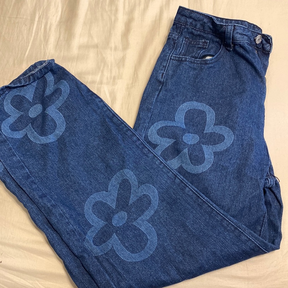high waist straight leg floral print jeans